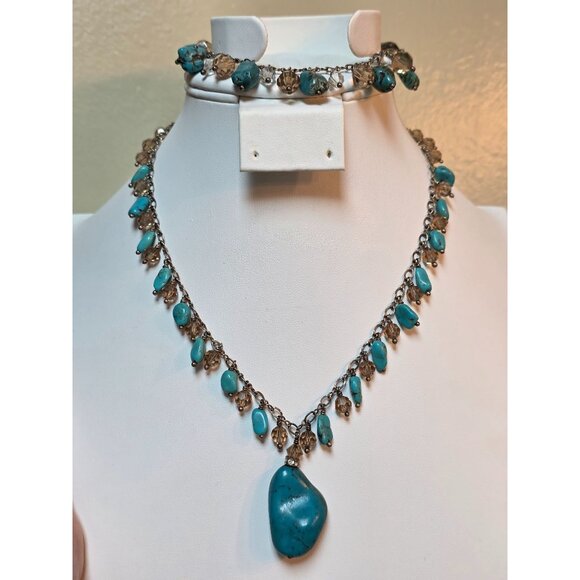 925 Sterling‎ Silver Turquoise & Swarovski Crystal Necklace Bracelet Set - Picture 14 of 15